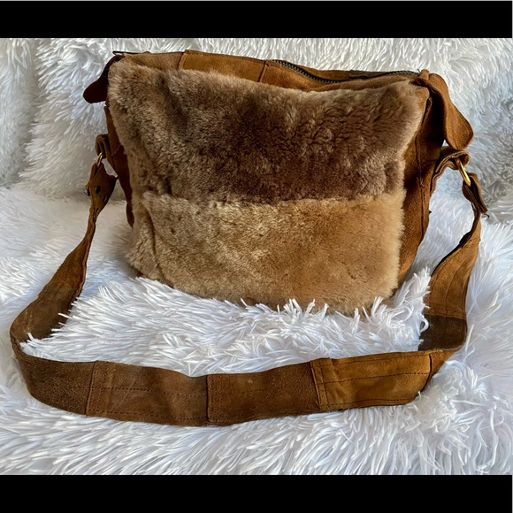 Handbags - Areitio brown and tan shearling square shoulder bag with suede patchwork straps